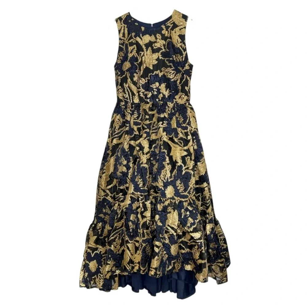 NEW NWT Mac Duggal Cocktail Dress Gown Blue Gold Brocade Size 10 Ruffle - Picture 4 of 15